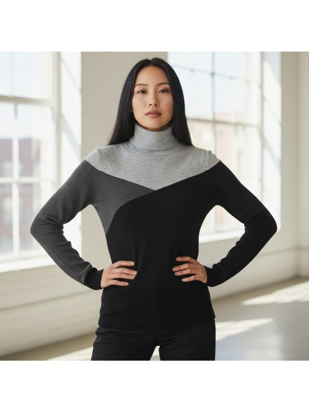 Chico's Colorblock Turtleneck Sweater Small Black/Gray/Light Gray S